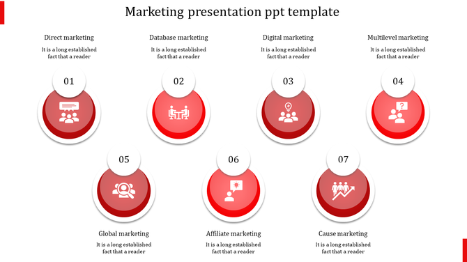 Marketing strategies presented in seven red circular icons with associated descriptions, featuring a clean and modern layout.