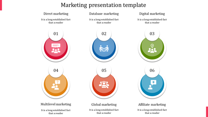Horizontal layout with multicolor gradient circular icons labeled from 01 to 06, featuring marketing categories.