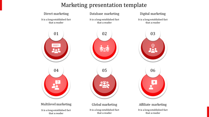 Marketing PPT template with six strategies from Direct marketing to Affiliate marketing, in a red theme.