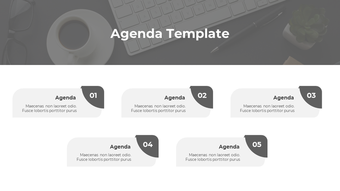 Minimalist agenda PowerPoint template with gray accents and five sections for presenting key points sequentially.