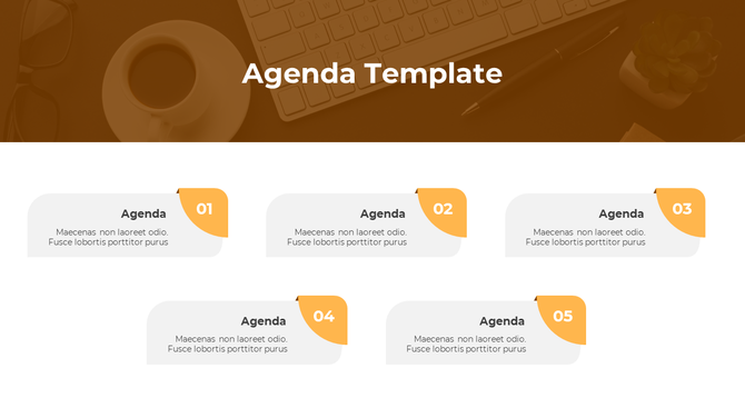 Orange themed agenda PowerPoint template with five numbered sections on a professional layout.