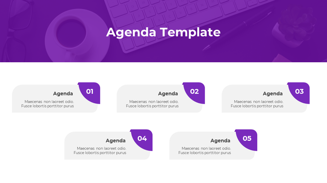 Purple themed PowerPoint agenda template with five numbered sections arranged in a clean, modern layout.