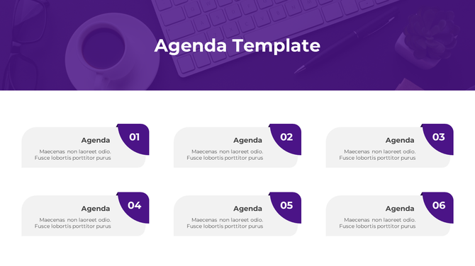 Agenda template with six labeled sections, each numbered with bold purple tags and text descriptions.