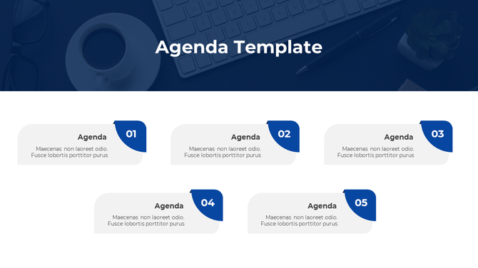Agenda PowerPoint template with a blue and white theme, showcasing five labeled sections for detailed agenda points.