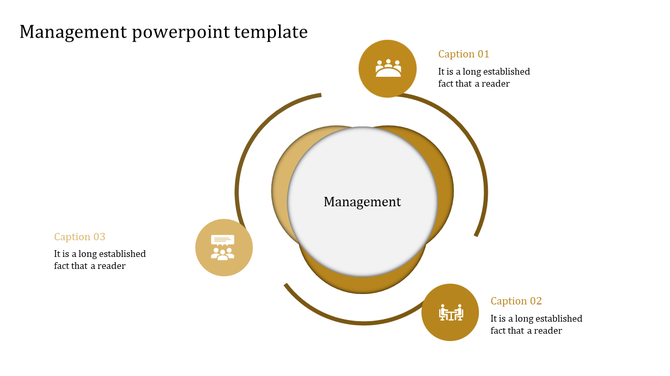 Management PowerPoint template with three interconnected icons representing key captions.