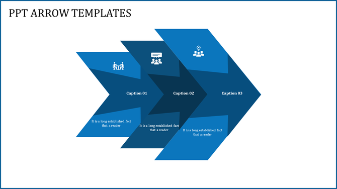 Three-step diagram with blue gradient arrows, icons for meetings, communication, and ideas, and descriptive text.