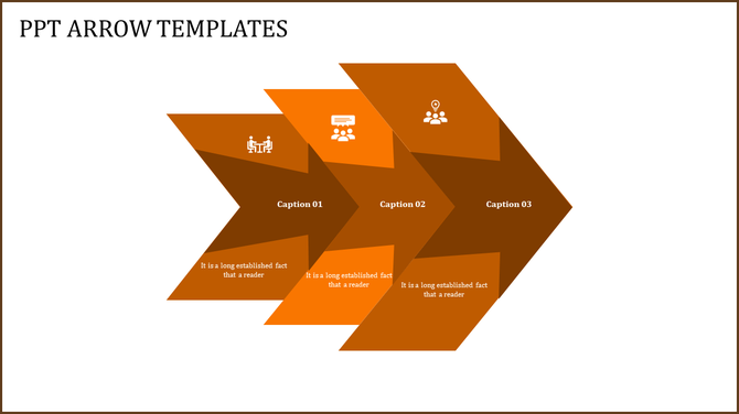 Arrow-shaped infographic with three orange segments, each labeled with an icon and caption for progression.