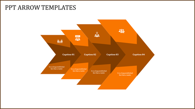 Orange overlapping arrow diagram with four segments, each featuring an icon, caption, and supporting text for presentations.
