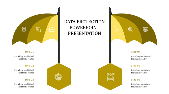 Two yellow umbrella shapes flank a central title, with icons on the canopies and hexagonal steps aligned below.