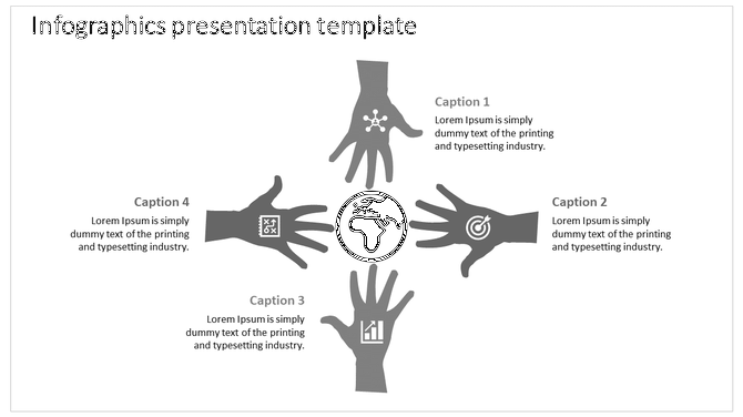 Infographic with five black silhouettes of hands radiating outward around a central globe, each linked to captions.