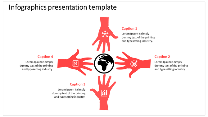 Infographic slide with four red hands pointing at a central globe, each featuring a caption and icon with different topics.