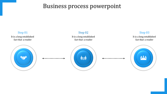 Business process PowerPoint slide with three blue circular icons showing steps: handshake, meeting, and teamwork.