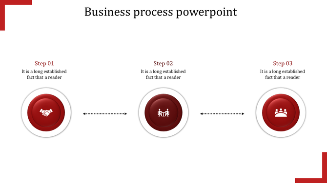 Red themed business process slide showing steps for handshake, collaboration, and teamwork with circular icons.