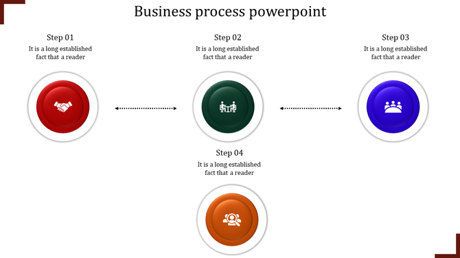 Business process diagram featuring four colored circular icons for steps, linked with directional arrows.