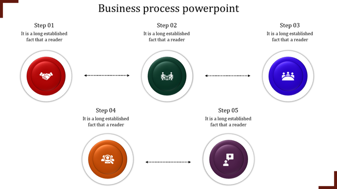 Five step process infographic with red, green, blue, orange, and purple icons, showing business related steps.
