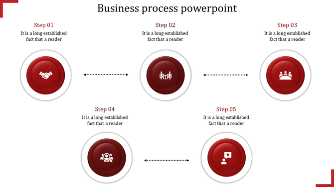 Business process PowerPoint slide with red icons showing steps for collaboration, meetings, and analysis in a circular flow.
