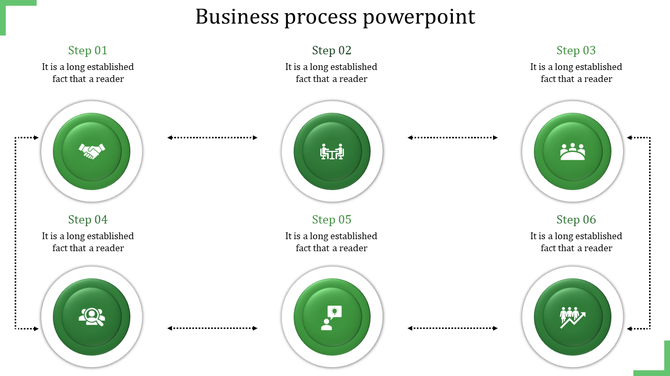 Business process flow with six steps, each represented by green circular icons with various business-related symbols.