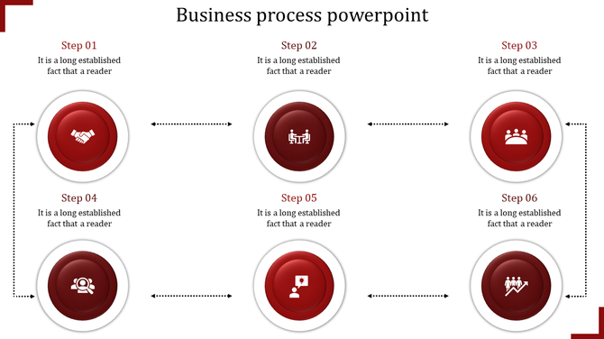 Red icons for a business process flow, representing steps like collaboration, team building, decision making, and growth.