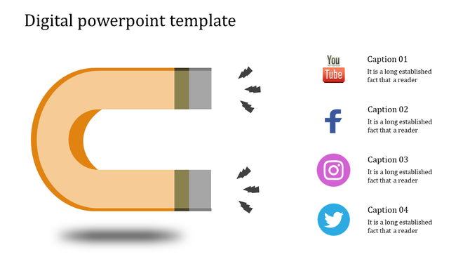Slide layout with an orange magnet pulling arrow shapes toward  four colorful social media icons arranged vertically.