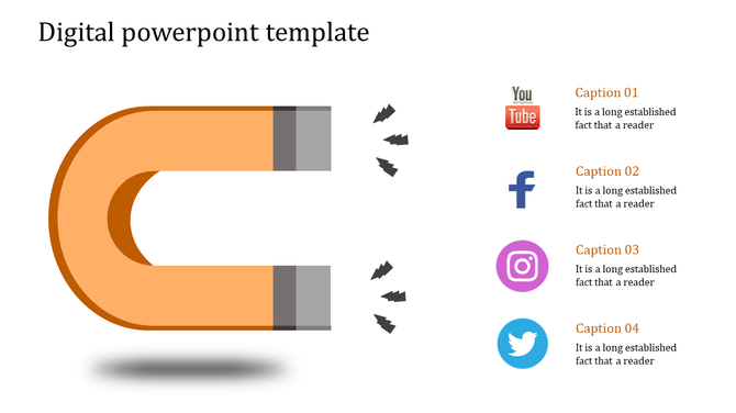 Orange magnet attracting four social media icons on the right, aligned vertically with captions beside them.