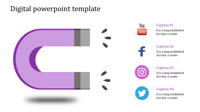 Slide featuring a purple and gray magnet attracting four social media symbols paired with captions, on the right.