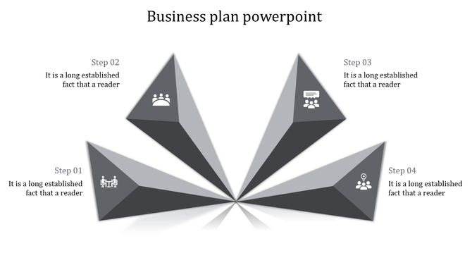 Four grayscale wedges converging at a center point, each with a small icon representing a business plan step.