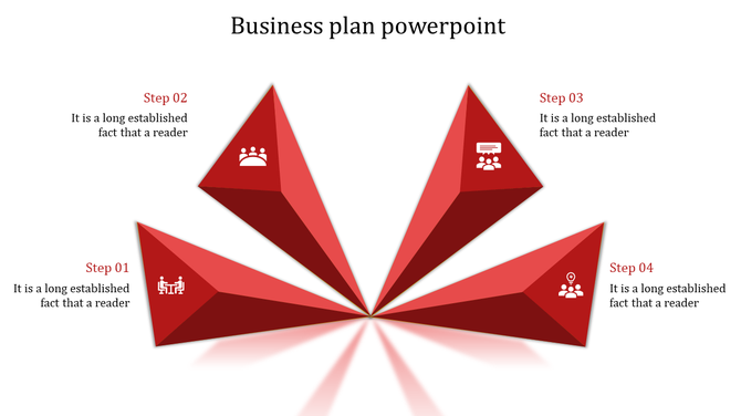 Business plan PowerPoint slide with four red pyramid shaped segments representing sequential steps.