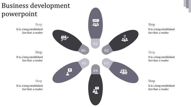 Radial infographic featuring six grayscale petal ovals, each labeled for a different stage of business development.