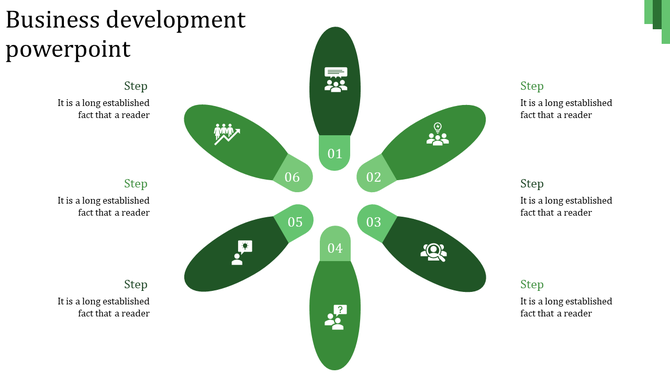 Six leaf-like shapes in coordinated greens forming a circle, each step holding a white icon for business strategy.