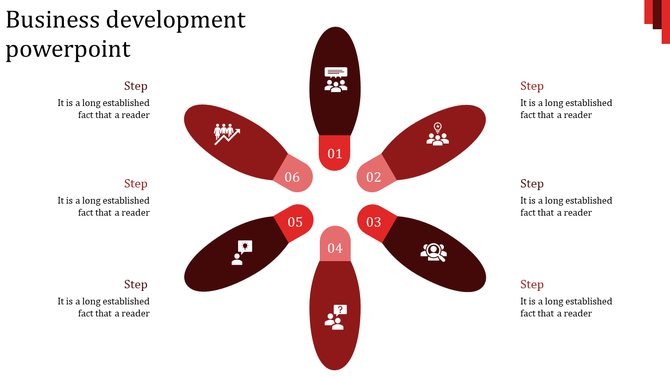Business development PPT slide with six maroon petals arranged in a circular pattern, each representing a step with icons.