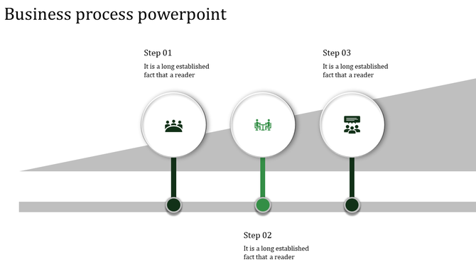 Business process PowerPoint slide with three steps, each represented by icons for teamwork, discussion, and presentation.