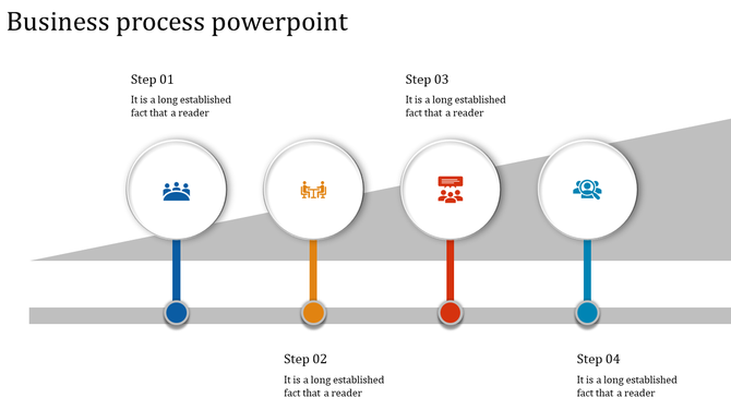 Slide featuring four white circles with blue, orange, red, and teal icons, connected by vertically over a slanted gray line.
