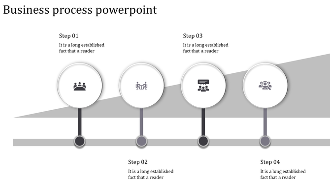 Business process layout with four circular gray icons aligned on a slope and labeled steps beneath each.
