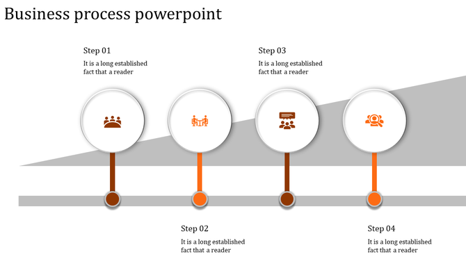 Business process slide featuring four orange icons inside white circles aligned on a gray slope.