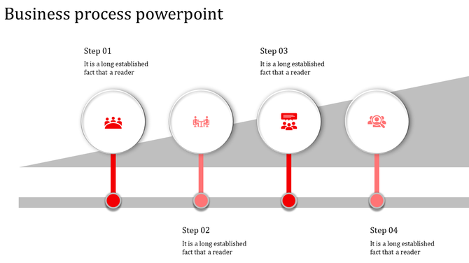 Business process slide with four steps, each represented by a red circle and icon for teamwork, meetings, and collaboration.