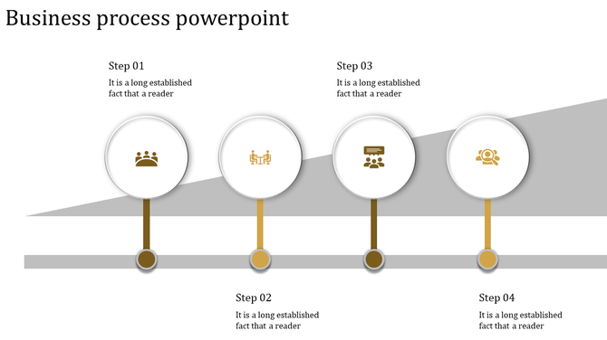 Business process PowerPoint slide showing four steps with icons representing groups, meetings, discussions, and ideas.