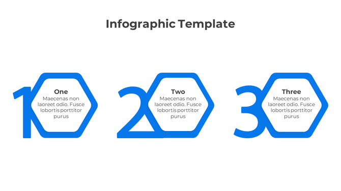 Infographic PPT template with three blue hexagons, each numbered and with a brief description.
