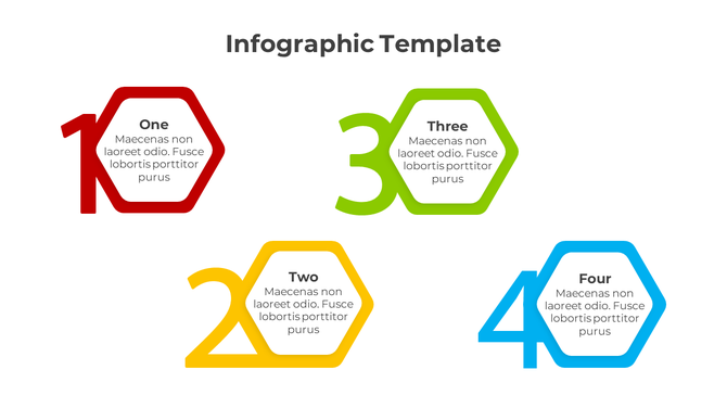Infographic presentation template with numbered hexagons in red, yellow, green, and blue, each containing captions.