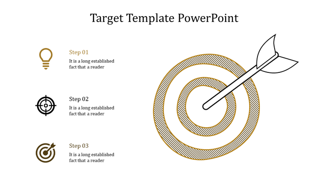 PowerPoint template for target steps, showing lightbulb, target, and dartboard with corresponding steps.