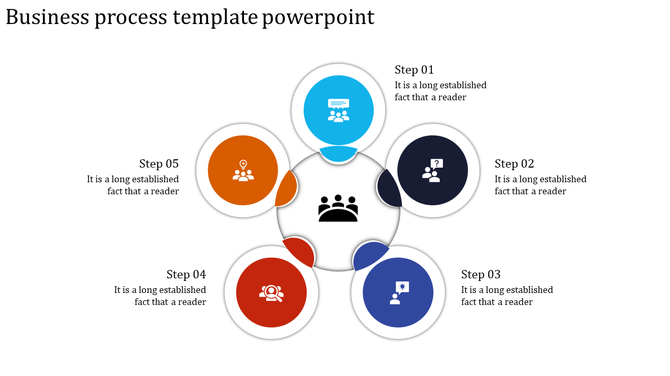 Five-step business process infographic with colored circular segments linked to a central black team icon.
