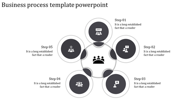 Five-step business process infographic in grayscale, featuring a team icon connected to five dark gray circular elements.