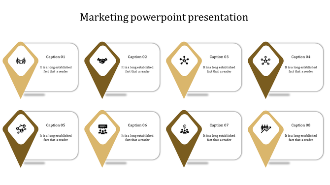 Marketing PowerPoint slide featuring eight sections in a diamond shape, each with captions and icons.