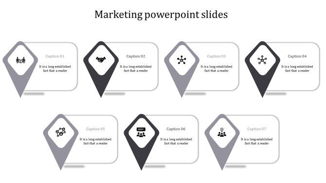 Marketing PowerPoint slide with seven sections, each featuring an icon and a caption for each numbered item.