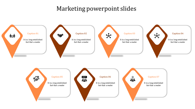 Marketing slide with eight white rectangular sections, each with an orange or brown location label featuring an icon.