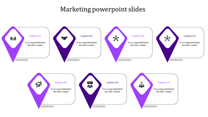 Marketing slide with seven diamond pointers in purple and violet shades, each featuring icons and captions.