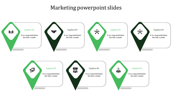 Marketing PPT slide with seven sections, each with a diamond shape and a caption representing different business icons.