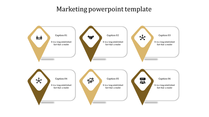 Marketing PowerPoint template with six diamond shaped sections, each containing an icon and caption.