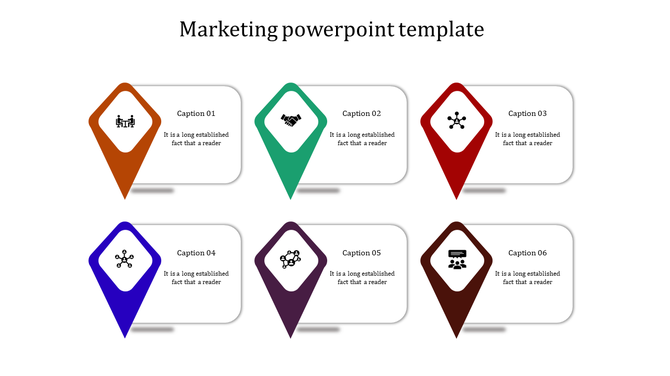 Marketing slide with six pointers in orange, green, red, blue, purple, and brown, each featuring icons and captions.