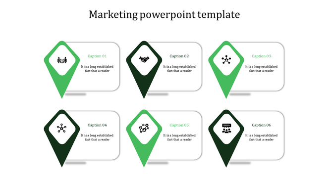 Marketing template with six green location pin-shaped markers, each connected to a rectangular text box.