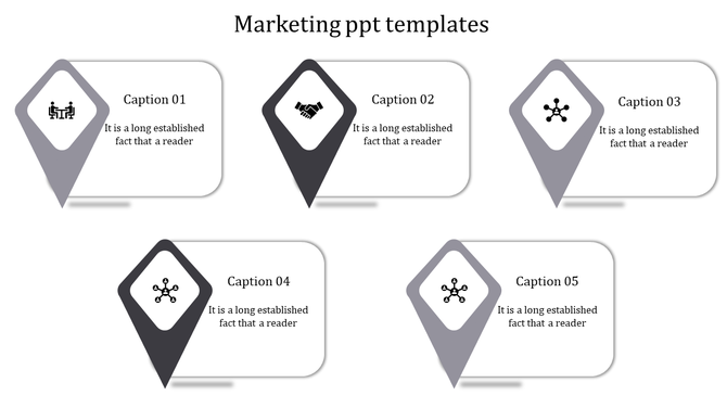 Marketing template with five grayscale location markers, each connected to a text box containing icons and captions.